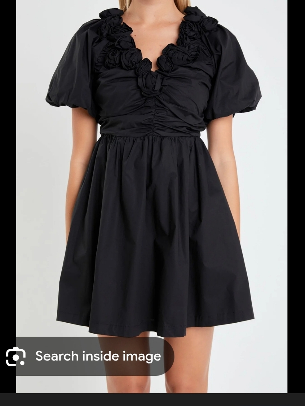 English Factory Women’s Small Black Puff Sleeve Dress Rosette Ruffle V Neck Mini